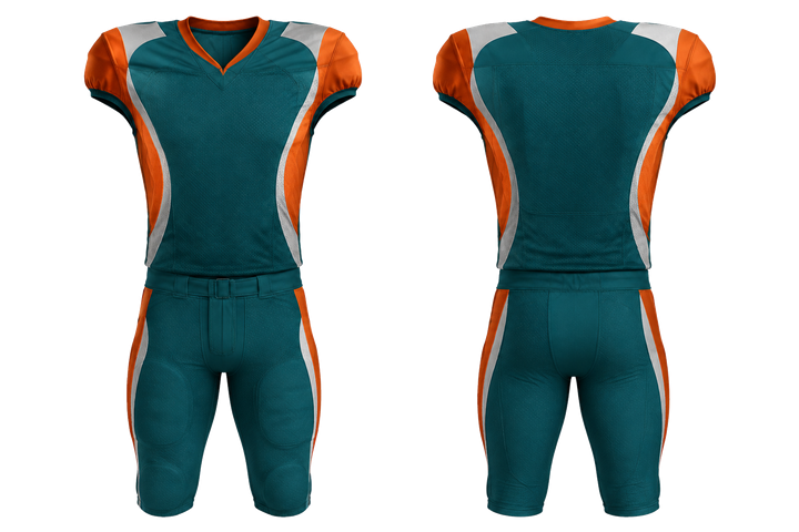 Petrol Teal Curved Body Mapped Side Flow American Football Padded Game Uniform design