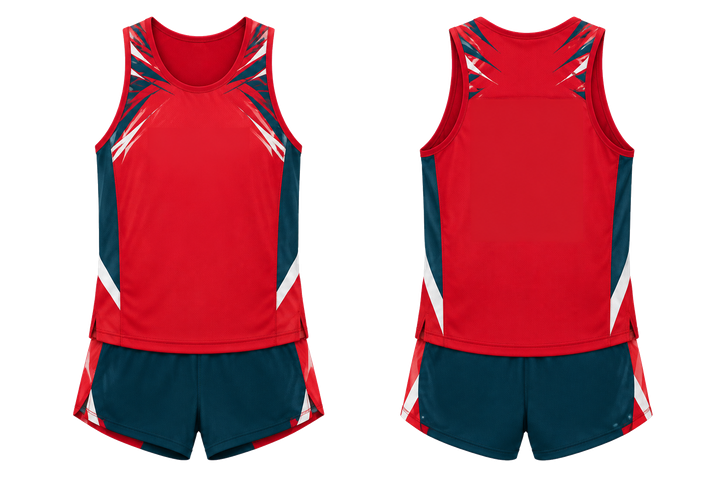 Club Red Angular Shoulder Burst Athletics Race Kit design