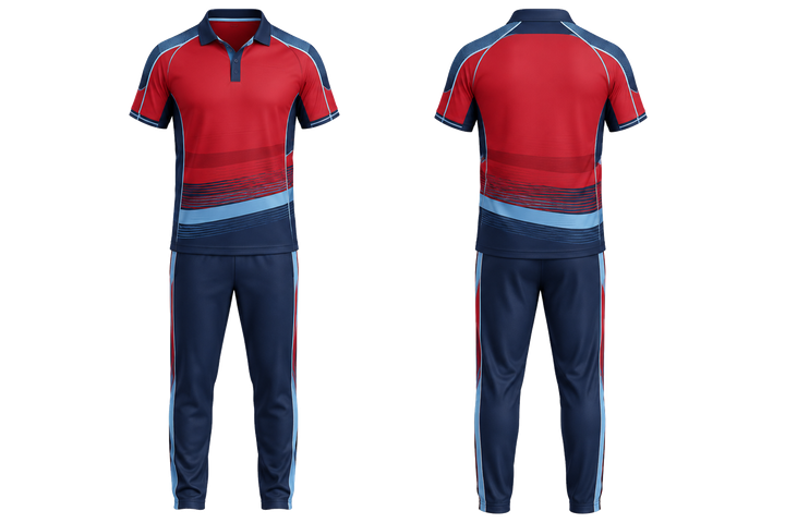 Deep Red Layered Horizon Bands Cricket Cricket Training Kit design