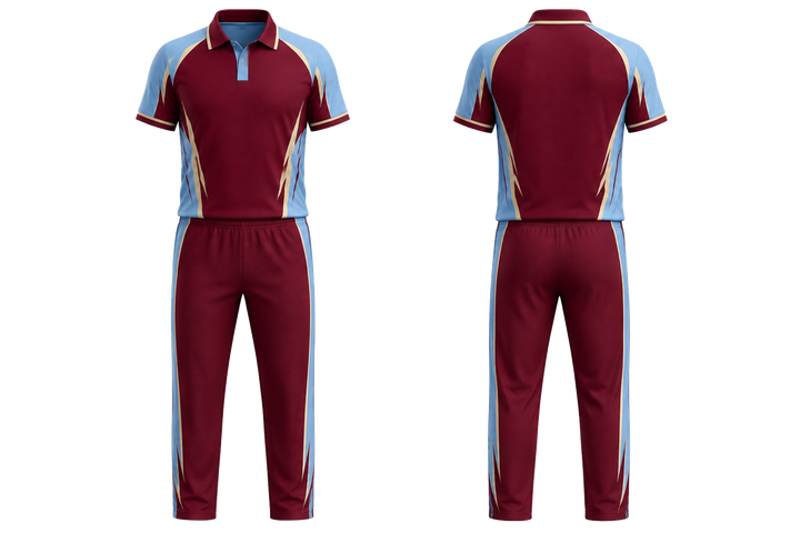 Deep Maroon Bold Sleeve To Side Bridge Cricket T20 Or ODI Kit design