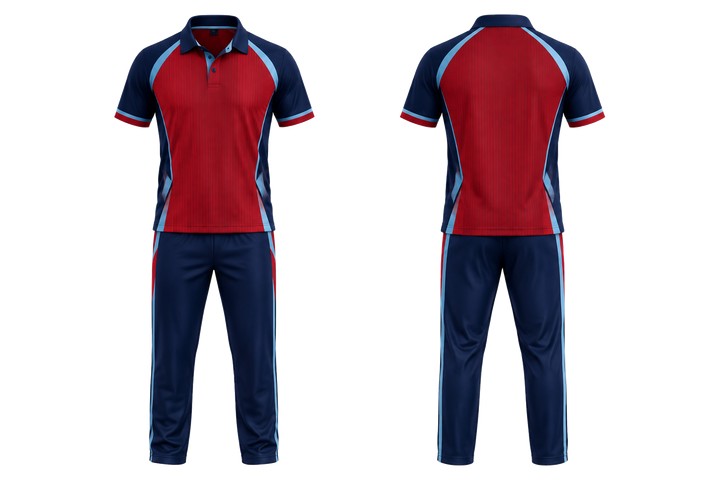 Deep Red Retro Micro Stripe With Modern Panel Breaks Cricket T20 Or ODI Kit design