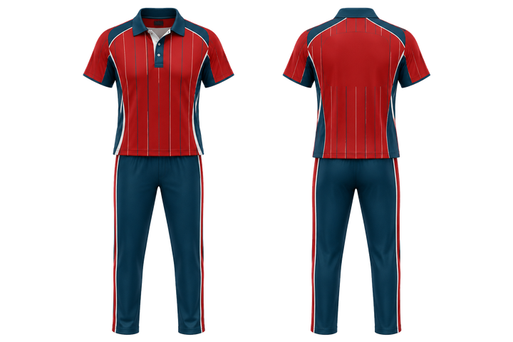 Club Red Wide Modern Pinstripe Field Cricket Women's Or Academy Cricket Kit design