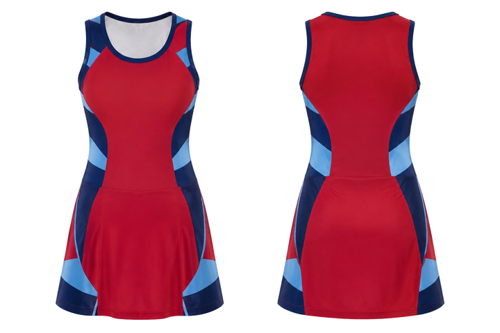 Deep Red Modular Block Mosaic Netball Academy Dress design