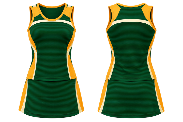 Bottle Green Retro Micro Stripe With Modern Panel Breaks Netball Alternate Competition Set design