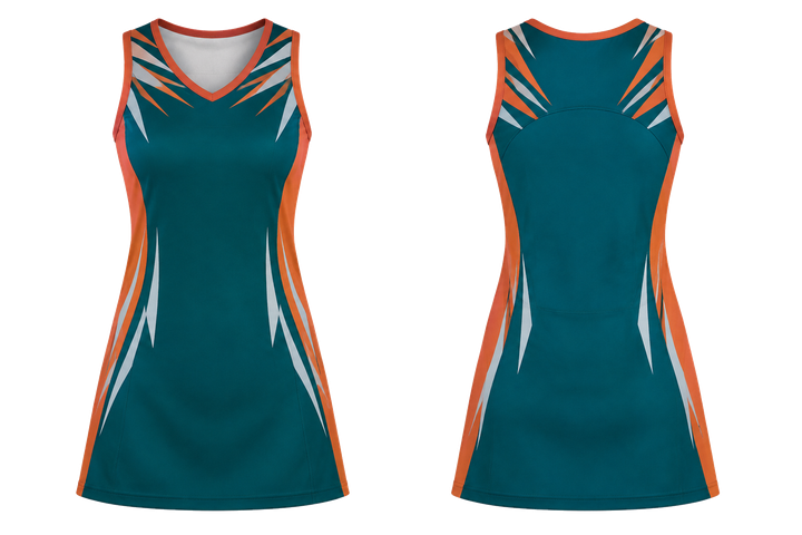 Petrol Teal Angular Shoulder Burst Netball Match Dress design