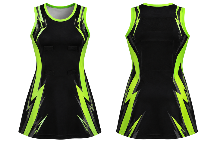 Black Negative Space Lightning Channel Netball Match Dress design
