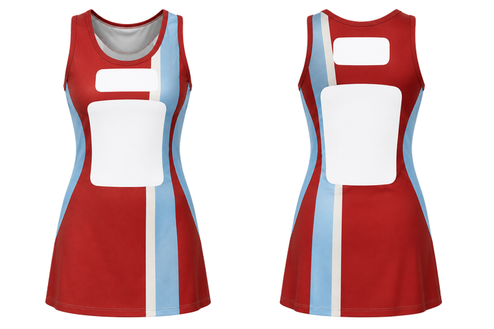 Brick Red Offset Vertical Race Stripe Netball Match Dress design