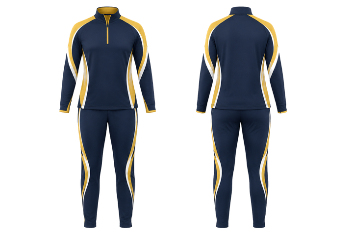 Marine Blue Bold Sleeve To Side Bridge Netball Warm Up Set design