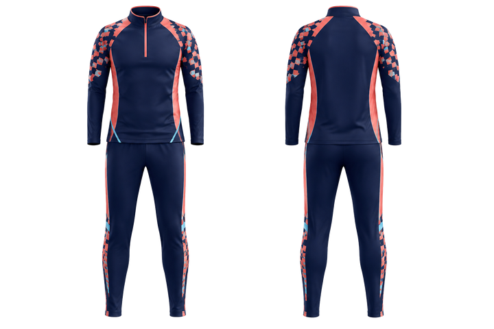 Indigo Stepped Chequer Field With Original Spacing Netball Warm Up Set design