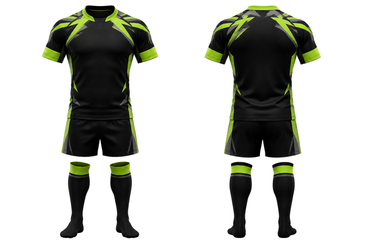 Black Angular Shoulder Burst Rugby Contact Match Kit design