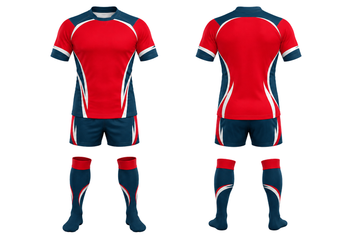 Club Red Curved Body Mapped Side Flow Rugby Contact Match Kit design