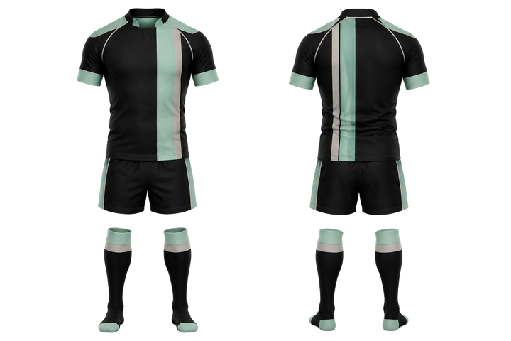 Obsidian Black Offset Vertical Race Stripe Rugby Contact Match Kit design