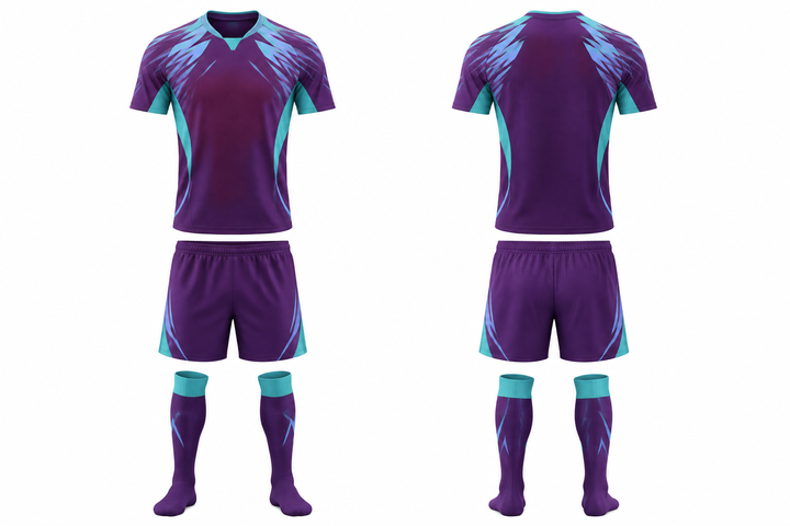 Plum Angular Shoulder Burst Soccer Match Kit design
