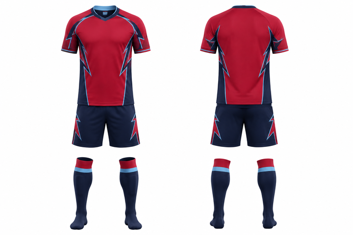 Deep Red Negative Space Lightning Channel Soccer Match Kit design