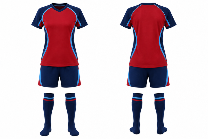 Deep Red Curved Body Mapped Side Flow Soccer Women's Or Academy Match Kit design
