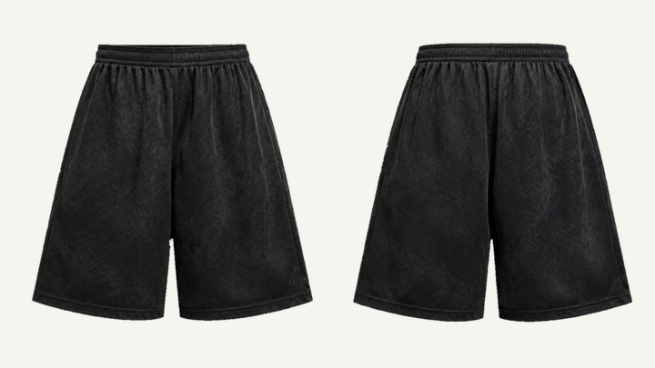 Baggy Sweat Shorts — True Black Tonal Mineral Wash design