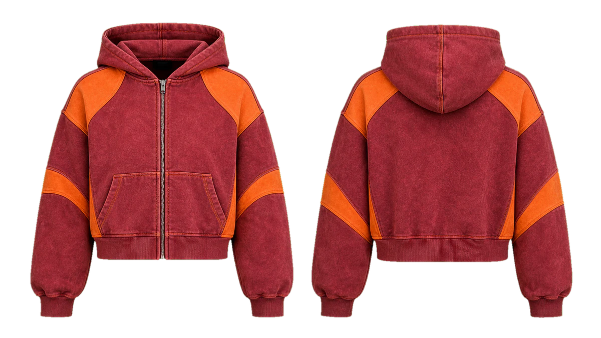 Berry Tangerine Arc cut-and-sew hoodie design