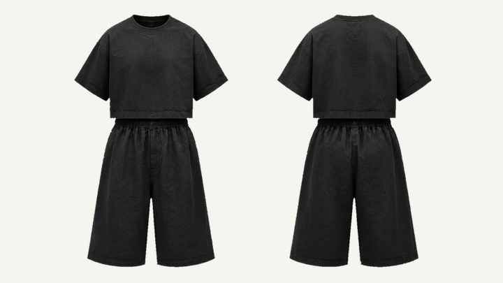 Boxy T-Shirt and Shorts Set — True Black Sun and Seam Fade design