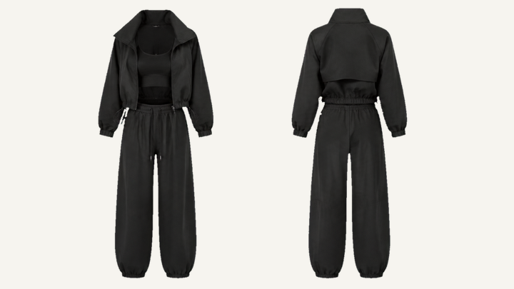 Bralette, Jacket and Pants Set — True Black Matte Panel Wash design
