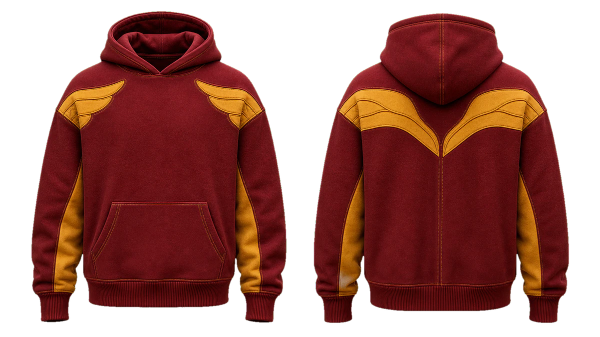 Burgundy Gold Wing cut-and-sew hoodie design