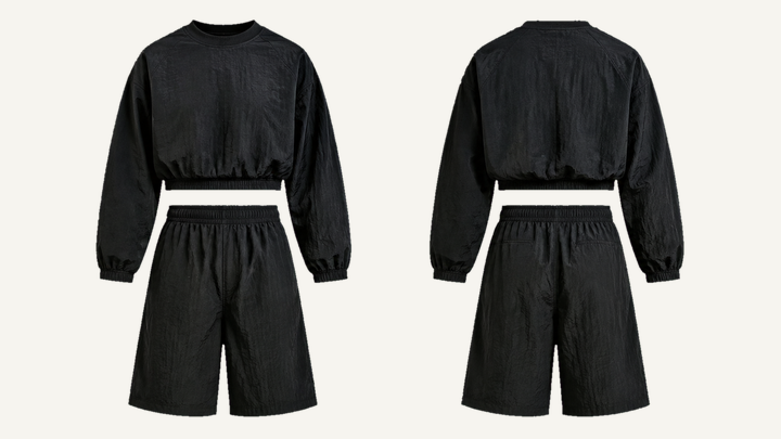 Crewneck and Shorts Set — True Black Technical Crinkle Rinse design