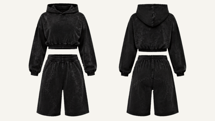 Cropped Hoodie and Shorts Set — True Black Tonal Mineral Wash design