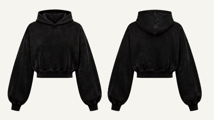 Cropped Pullover Hoodie — True Black Tonal Wave Wash design