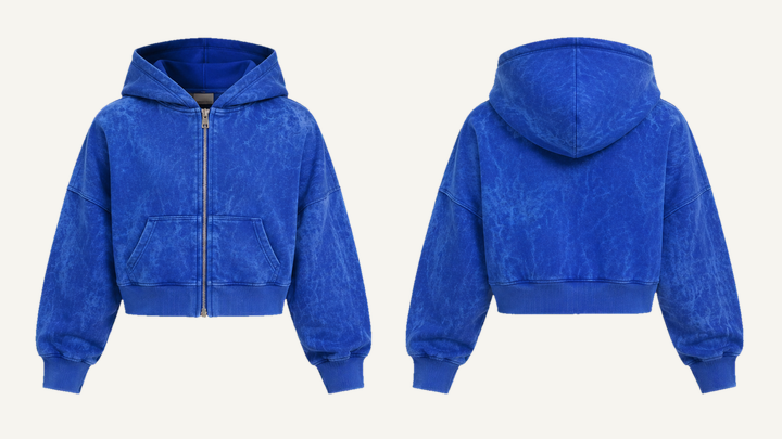 Cropped Zip Hoodie — Cobalt HSL Master Tonal Crinkle Dye design