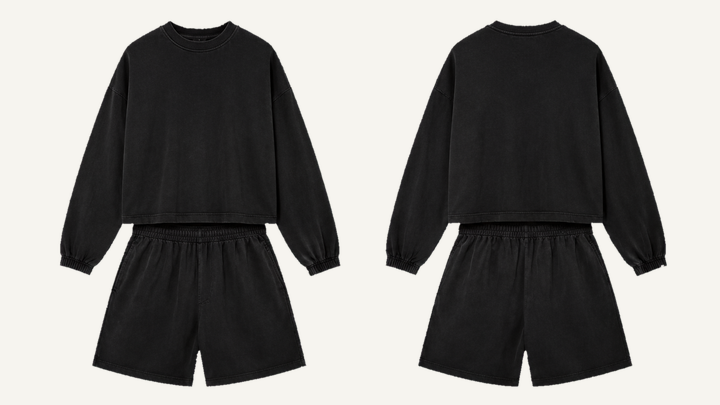 Long-sleeve T-Shirt and Shorts Set — True Black Pigment Dyed design