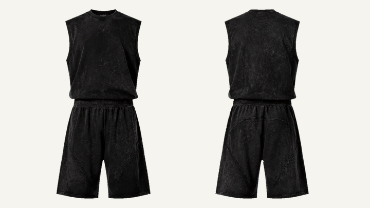 Muscle T-Shirt and Shorts Set — True Black Tonal Mineral Wash design