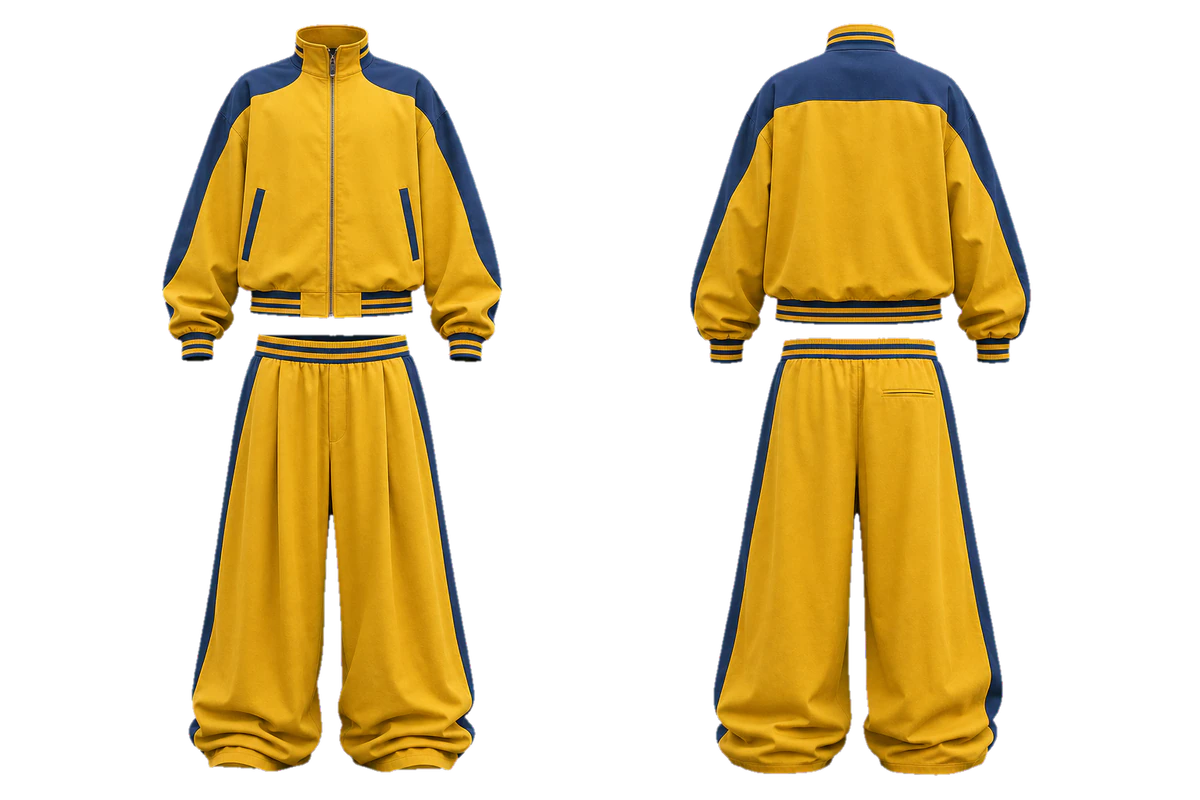 Mustard Indigo Puddle baggy tracksuit design