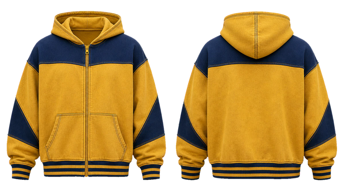 Mustard Navy Split cut-and-sew hoodie design