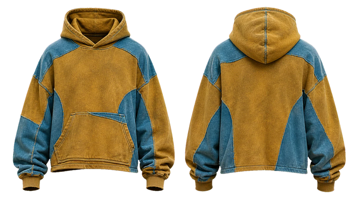 Ochre Aqua Patchwork cut-and-sew hoodie design
