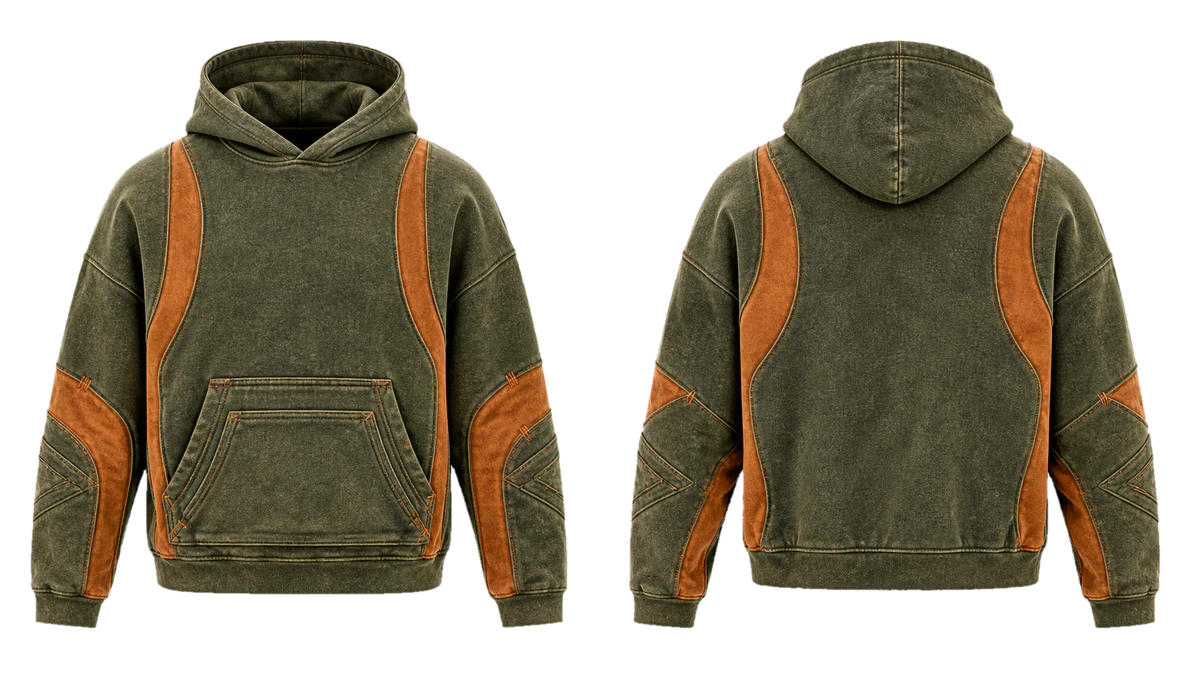 Olive Copper Terrain cut-and-sew hoodie design