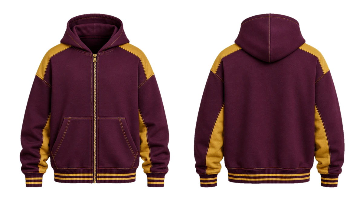 Plum Gold Varsity cut-and-sew hoodie design