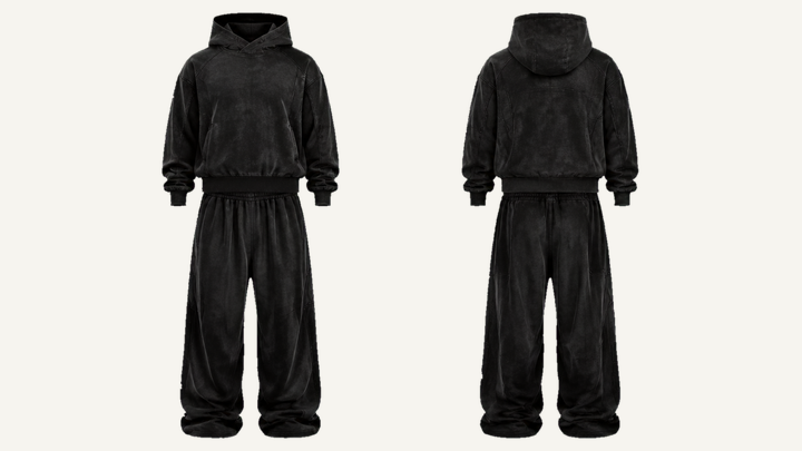 Pullover Hoodie and Sweatpants Set — True Black Tonal Mineral Wash design