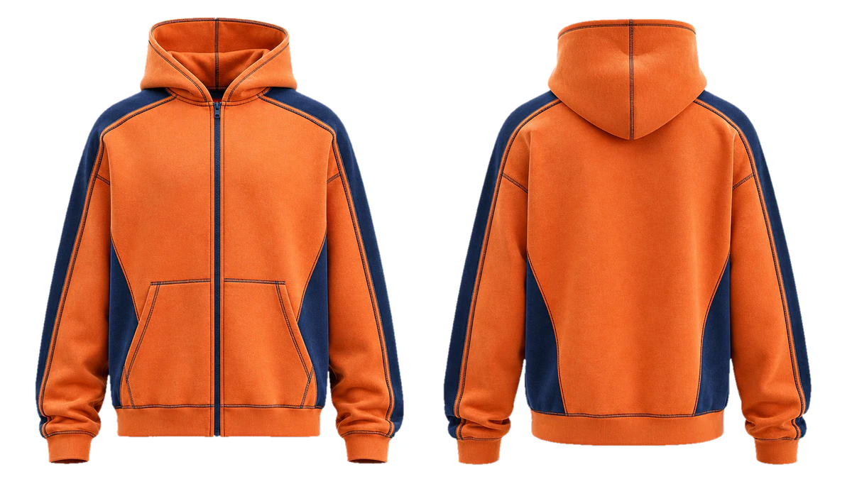 Tangerine Indigo Apex cut-and-sew hoodie design