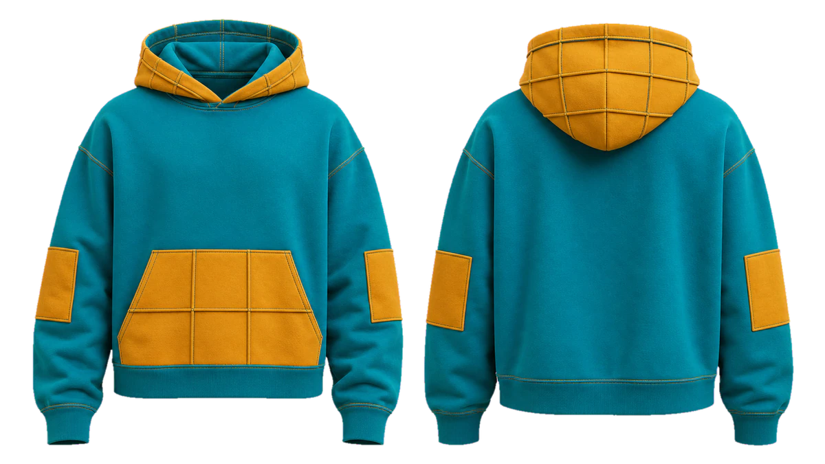 Turquoise Mustard Grid cut-and-sew hoodie design